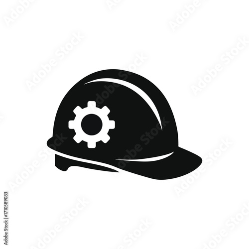 Hard Hat Icon Symbolizes Construction Safety Engineering and Protection Gear Featuring a Gear Wheel for Equipment