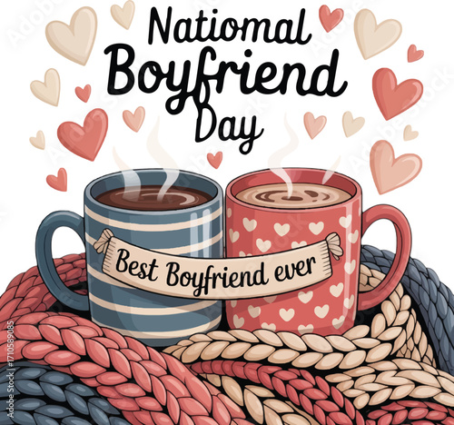 Two steaming mugs of hot chocolate with hearts and a knitted scarf for National Boyfriend Day love celebration