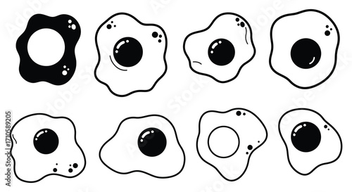 Simple black and white illustration of various fried egg designs