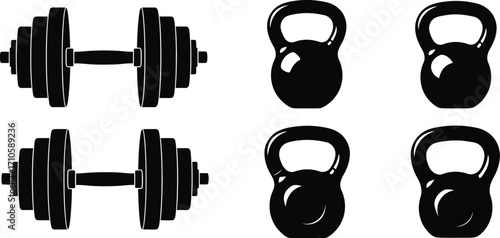 Gym equipment vector dumbbells and kettlebells fitness workout