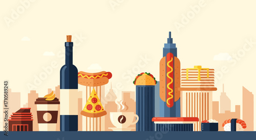 Creative Urban Skyline Constructed from Delicious Food and Beverages.
