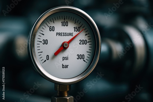Close-up shot of a pressure gauge measuring pressure in psi and bar units for industrial
