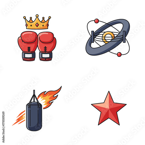 Flat lay illustration of boxing gloves with a crown, a punching bag on fire, a star, and a satellite in a bold style against a clean white background.