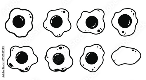 A collection of simple cartoon fried eggs in black and white