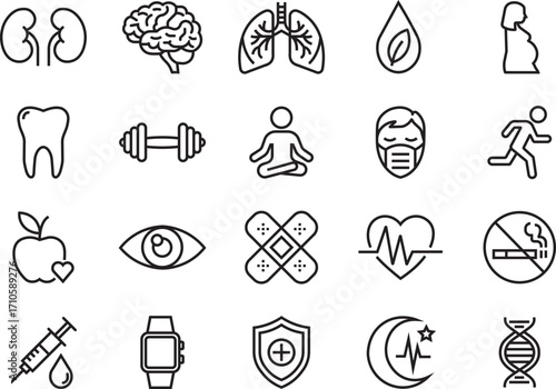 Modern Minimal Health Icons Pack Featuring Wellness, Fitness, Medical Care, Lifestyle, Organic Nutrition, Safety, Technology, Pregnancy, and Relaxation Themes