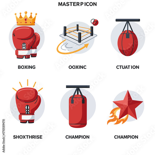 Flat lay of six boxing icons with descriptive labels on a clean white background, conveying a motivational and competitive mood with bold red and yellow colors.
