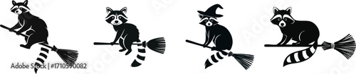 Four whimsical raccoons riding broomsticks, with one wearing a witch hat, showcase a playful and magical theme.