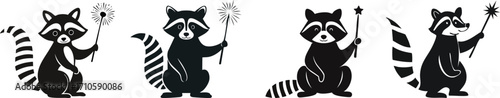 Four playful raccoons holding sparklers, depicted in a whimsical black and white style, showcasing their mischievous and fun-loving nature.