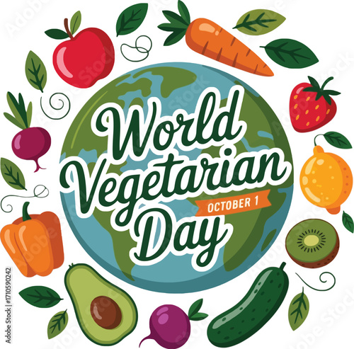 World Vegetarian Day illustration with Earth and fresh fruits and vegetables vegetarianism vegan