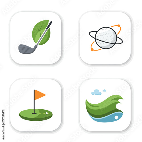 Flat lay illustration of four golf icons including a golf club, ball in orbit, flag on a green, and a golf ball on a wavy surface with clouds, against a clean white background.