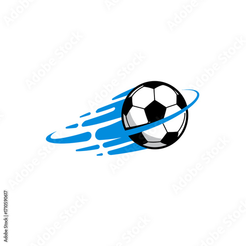 Illustration of a soccer ball in motion with blue streaks on a white background, conveying speed and dynamic movement.