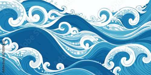 Stylized Blue Water Waves with Swirls and Bubbles Illustration