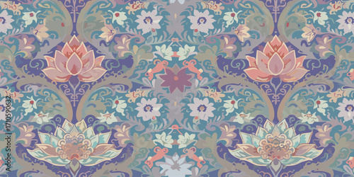 Detailed Botanical Pattern with Intricate Floral Motifs in Soft Pastel Colors