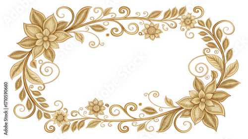 Ornate golden floral frame with swirling vines isolated on transparent background