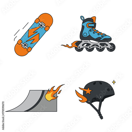 Flat lay illustration of skateboarding gear including a skateboard, rollerblades, helmet, and ramp with flames on a clean white background.