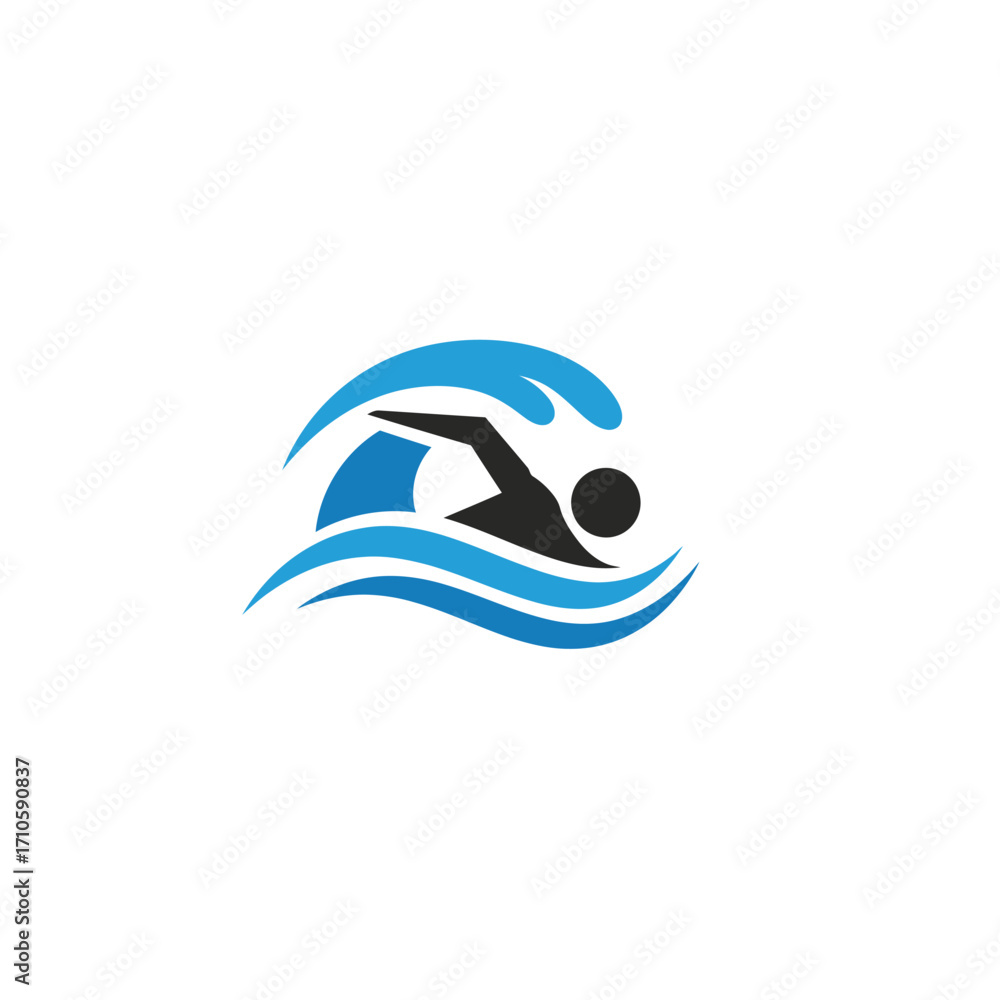 Obraz premium A stylized graphic illustration of a swimmer in motion, depicted in black and blue hues, conveying a sense of dynamic movement and energy on a clean white background.