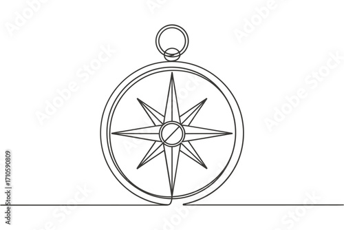 Minimalist line art compass rose pendant on white background