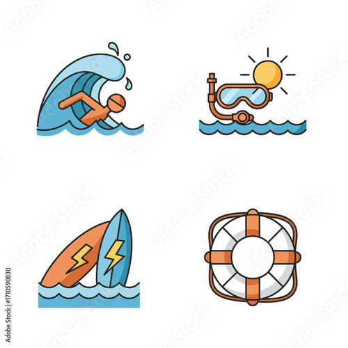 Four colorful flat design icons depicting surfing and scuba diving equipment on a clean white background with a lively and adventurous mood.