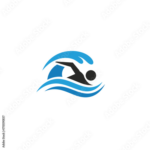 A stylized graphic illustration of a swimmer in motion, depicted in black and blue hues, conveying a sense of dynamic movement and energy on a clean white background.
