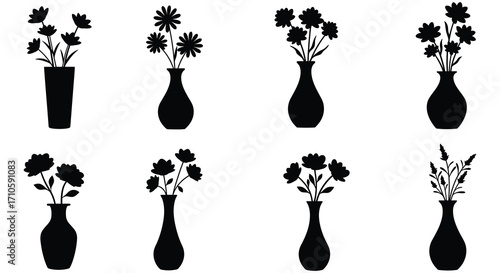 Black silhouette floral arrangements in varying vase shapes and sizes