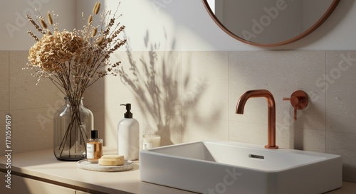 Wallpaper Mural A bathroom vanity with dried flowers and a modern sink. Torontodigital.ca