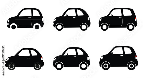 Illustrative depiction of six identical small cars in black silhouette style