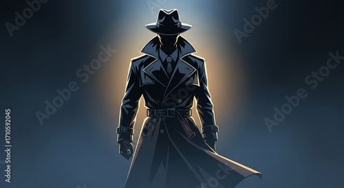 Shadowy figure in trench coat and fedora hat vector illustration