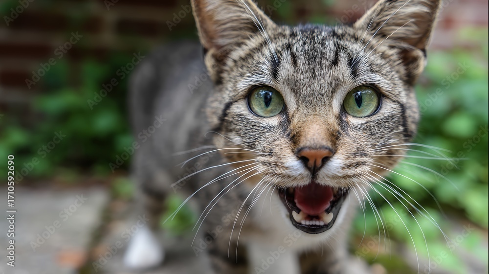 Obraz premium Close-up of a striped tabby cat with green eyes outdoors