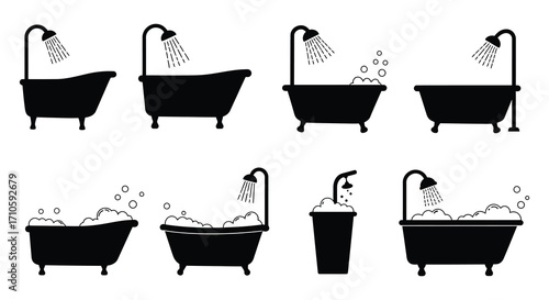 Black silhouette illustrations of bathtubs with running water and bubbles