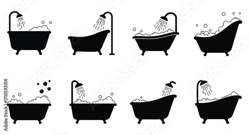 Black and white illustrations depicting various stages of a bathtub filling with bubbles