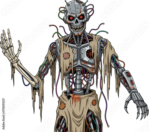 Cyborg zombie illustration, horror sci-fi character with glowing red eyes, mechanical skeleton, wires and circuits, dystopian future vector for Halloween design