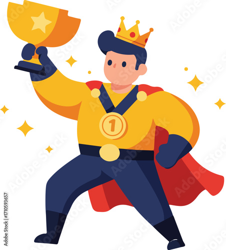 A triumphant superhero holds a trophy and wears a crown.
