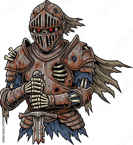 Undead skeleton knight with sword, cartoon horror warrior, medieval zombie fighter, creepy fantasy armor character, glowing red eyes, tattered cloak, vector art