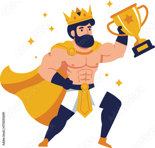 Muscular king in a cape holds a trophy.