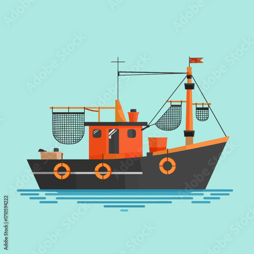 Flat design illustration of a colorful fishing boat with nets on the water, depicting marine industry and transport.