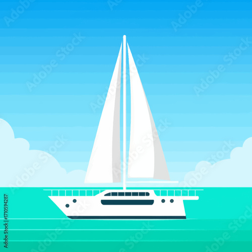 White sailboat yacht on turquoise water with a clear sky and clouds.