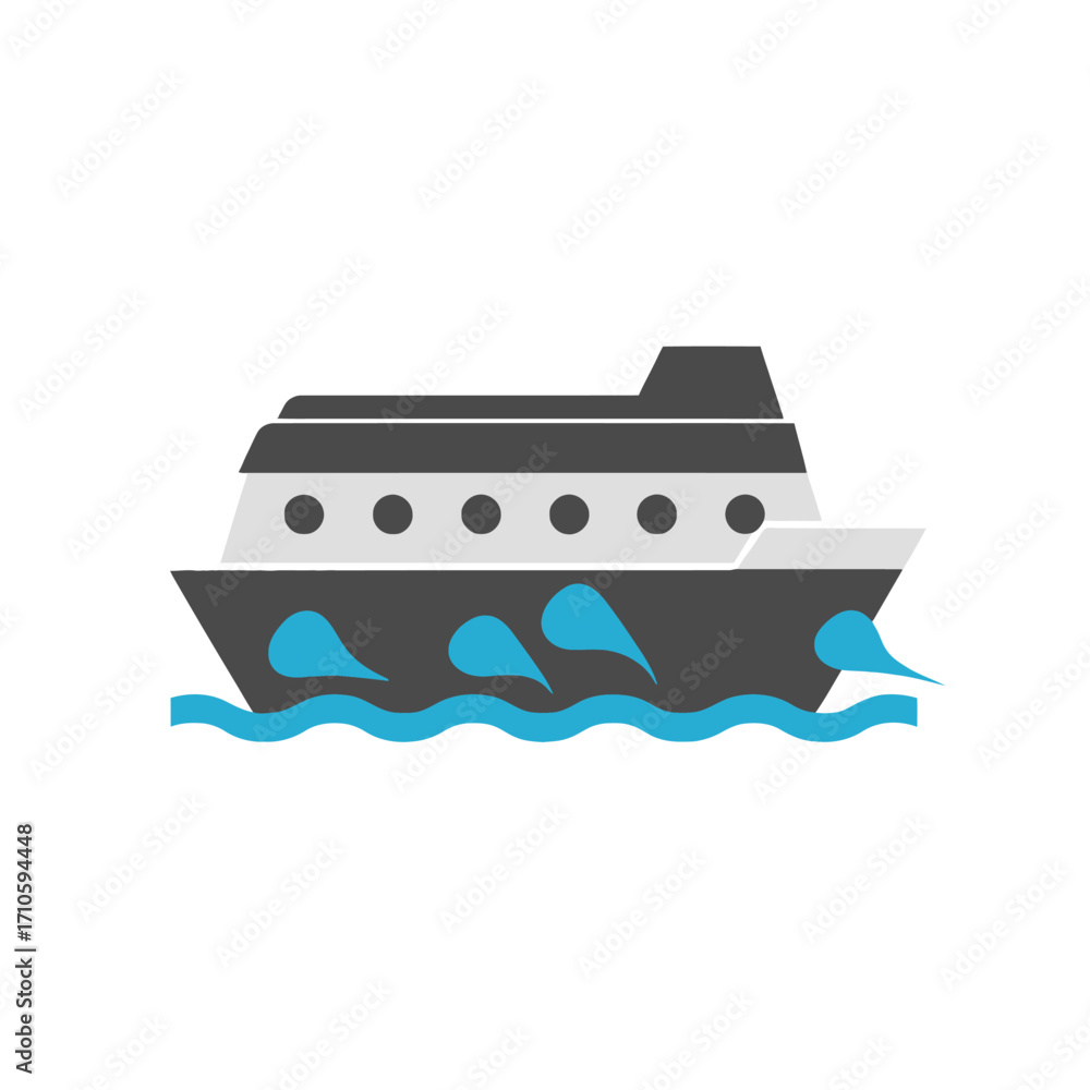 Obraz premium Side view of a cruise ship on water, with waves and splashes.