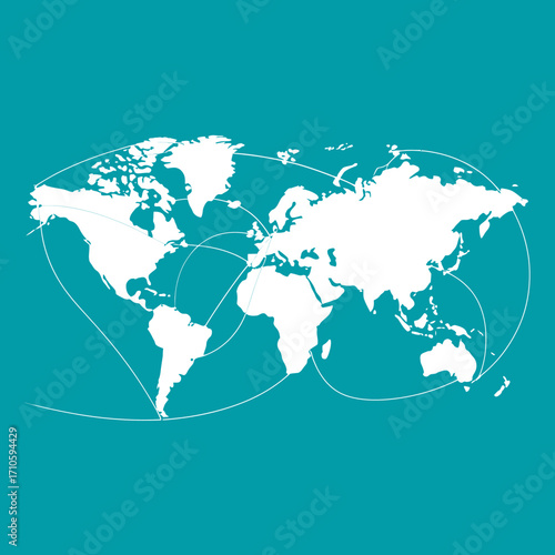 World map illustration with white continents and connecting lines on a teal background.