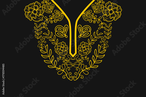 Floral neckline pattern. botanical natural style. decoration, textile, fabric, clothing.