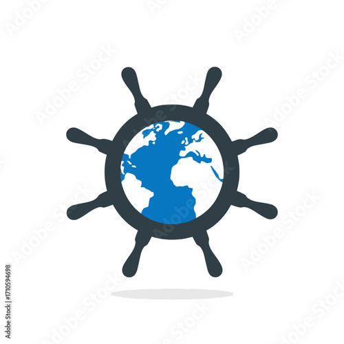 A ship's helm is superimposed over a stylized image of planet Earth, symbolizing global navigation and control.