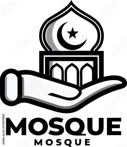 Hand-Held Mosque: A vector image of a hand cradling a mosque, symbolizing faith, service, and community within the heart of cultural design.