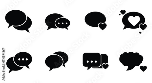 Collection of black speech bubbles and chat icons with hearts