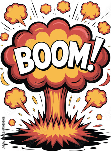 Comic book explosion with BOM text and debris boom cartoon