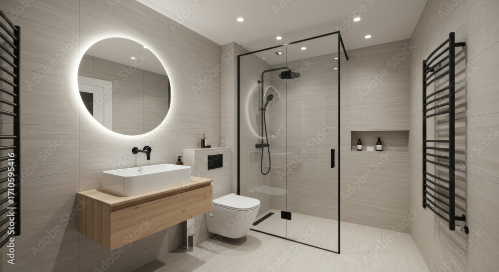 Obraz premium A minimalist bathroom with a shower, toilet, and sink.