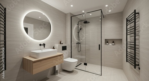 A minimalist bathroom with a shower, toilet, and sink.