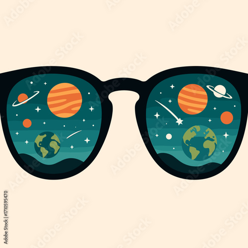 Sunglasses reflecting a cosmic scene with planets and stars in vibrant colors copy space