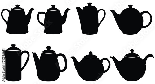 Silhouettes of various teapots displayed in a simple black and white arrangement