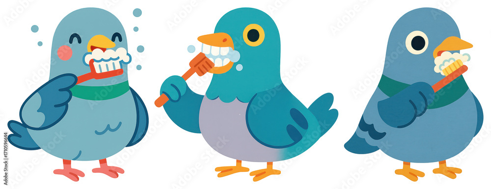 Fototapeta premium PNG Cartoon birds brushing teeth, element set on transparent background