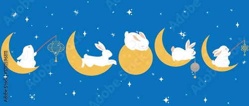 Happy rabbit set. “Happy mid-autumn festival” in Chinese language. Cute bunny fairy and full moon. Mid autumn festival card vector element.