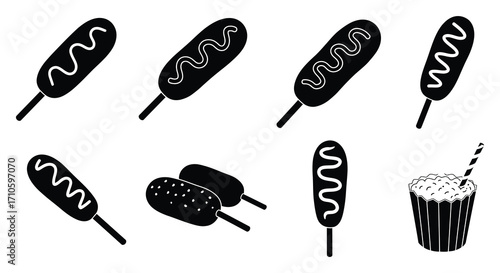 Collection of corn dogs and a beverage illustration in black and white
